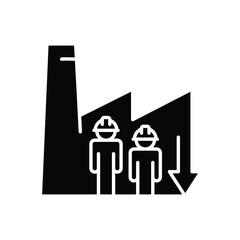 Industrial Worker Shortage Icon. Glyph Style. Vector. Factory with Two Employees and Downward Graph. Labor Shortage Crisis. Staff Deficit in Manufacturing. Job Vacancy and Productiv