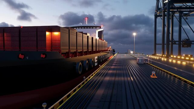 Serene Twilight at Port Large Cargo Ship Docked with Containers on Deck, Illuminated by Pier Lights, Creating Industrial Atmosphere