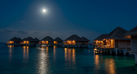 Tropical overwater bungalows at night under a full moon (2)