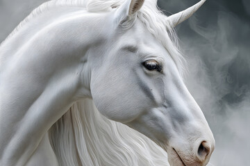 Obraz premium Graceful unicorn in a fantasy scene with flowing smoke. Ideal for fantasy genres, children's media, or magical brand visuals.