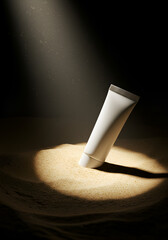 A white tube of cream sits in a spotlight on a mound of beige sand