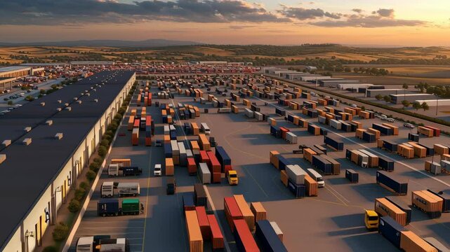 Aerial View of Bustling Logistics Hub at Sunset Shipping Containers and Trucks in Organized Rows, Showcasing Vibrant Transportation Network and Expansive Facility Surrounded by Rolling Hills