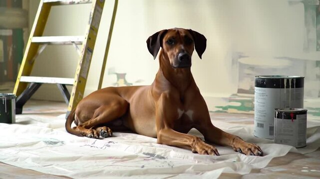 Rhodesian Ridgeback Dog Laying on Painted White Canvas Next to a Ladder and Paint Cans in an Indoor Renovated House