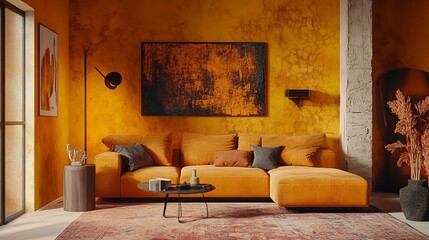 A modern living room with a mustard yellow wall, orange sectional sofa, abstract art, and pampas grass