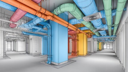 Architectural rendering of a building's mechanical systems