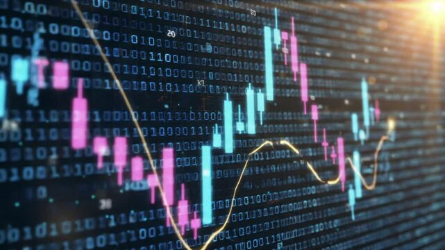 Stock Market Crash Visualized with Pink and Blue Candlestick Charts Over Binary Code Digital Backdrop