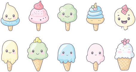 Collection of Cute Kawaii Ice Cream Cones with Smiling Faces Illustration