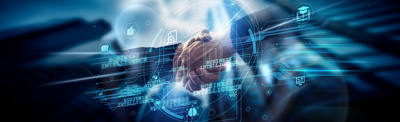 Business Intelligence concept, data analytics, businessman handshake of global network connection...