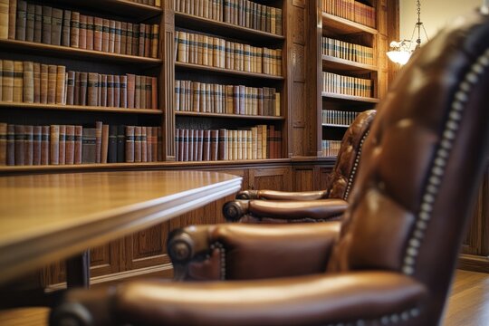 Richly appointed library with bookshelves, table, and chairs
