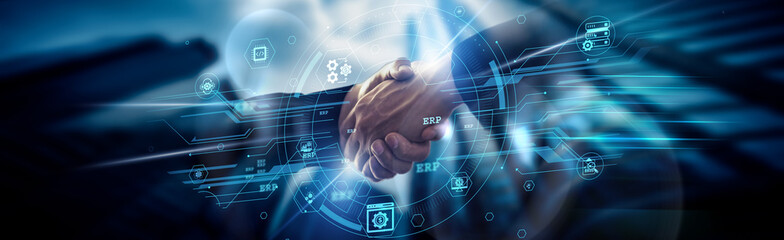 Enterprise Resource Planning (ERP) concept, streamlining operations, CIO handshake of global...