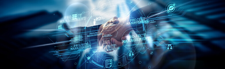 Project Management concept, ensuring timely delivery, Project Manager handshake of global network connection aligning tasks, teams, goals, deadlines, resources, risks, and outcomes.