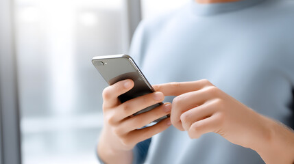 Woman using smartphone near wrapped gift box. Ideal for tech holiday lifestyle branding, digital campaigns, and e-commerce visuals.
