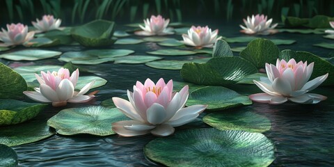 Pink lotus flowers on dark water
