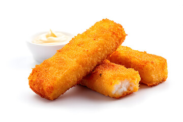 Crunchy golden fish fingers stacked beside a swirl of mayo, all isolated on white. Ideal for fast food ads, children’s meals, or snack branding.