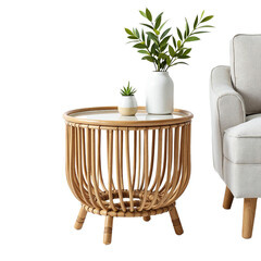 Rattan side table isolated, Transparent furniture decor, Stylish home object, Natural material piece, Modern room prop, Functional accent