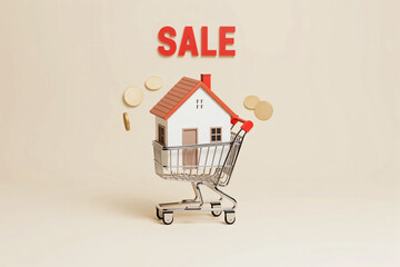 miniature house placed inside a shopping cart on a clean neutral background symbolizing property investment, home buying, mortgage planning, and financial real estate decision making