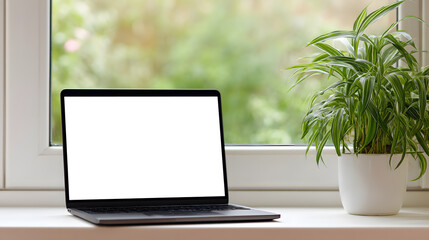 Fototapeta premium Laptop on bright windowsill with green plant in natural light. Minimalist home tech scene for clean branding, lifestyle visuals or remote workspace design.