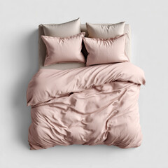 Blank full bedding set mockup. Top view to double bed covered with duvet cover, four pillowcases. Empty light pink bed linen template. Simple background