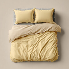 Blank full bedding set mockup. Top view to double bed covered with duvet cover, two pillowcases. Empty light yellow bed linen template. Simple background