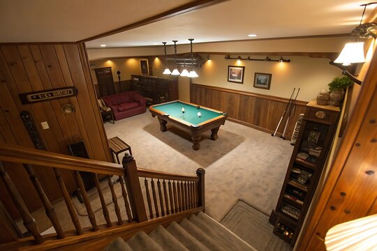 Stunning View from Above of a Luxurious Basement Game Room with Pool Table and Wooden...