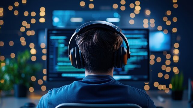 Focused individual immersed in coding at a tech workspace