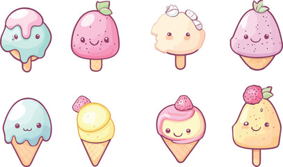 Cute Kawaii Ice Cream Collection with Strawberry and Pastel Colors Illustration