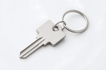 Single metal key with keyring on white background. Perfect for security, access control, real estate, or minimal design concepts.