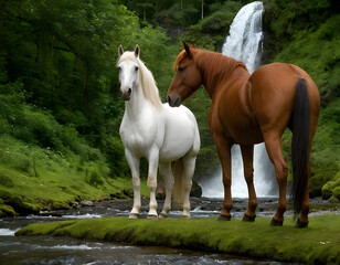Obraz premium Red and white horses are in the green forest with a beautiful waterfall. horses in the field.