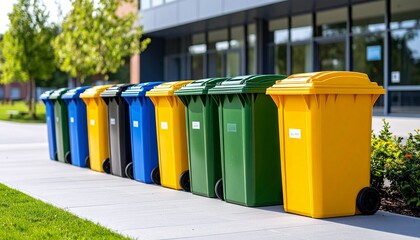 Sorting for Sustainability: A lineup of colorful recycling bins stands in neat order, ready to collect materials for a cleaner, greener future. Focus on environment.