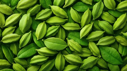 Close-up of vibrant green cardamom pods and leaves