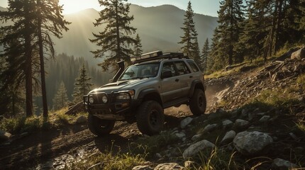 Rugged off-road vehicle with bull bar navigating forest mountain trail