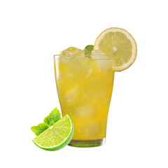 A refreshing glass of orange juice with ice, garnished with a lemon and lime slice, isolated on a...