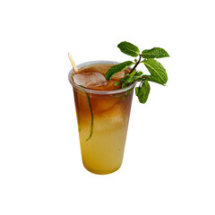 refreshing ice tea with mint leaves in a clear plastic cup on a white background, summer cooling...