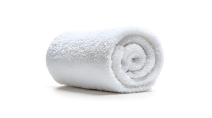 Fluffy rolled white towel isolated on white background, perfect for spa or wellness themes. High-resolution texture and soft lighting. Great for product mockups or beauty ads.