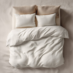 Blank full bedding set mockup. Top view to double bed covered with duvet cover, four pillowcases. Empty white bed linen template. Simple background