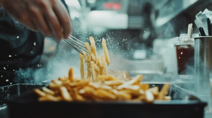Golden french fries being tossed in a hot pan.