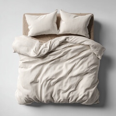 Blank full bedding set mockup. Top view to double bed covered with duvet cover, two pillowcases. Empty natural ed linen template. Simple background