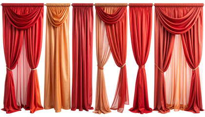 Elegant bundle of red and orange sheer curtains in various drapery styles, showcasing soft folds, flowing fabric, and light translucency. Semi-transparent and isolated on a transparent background