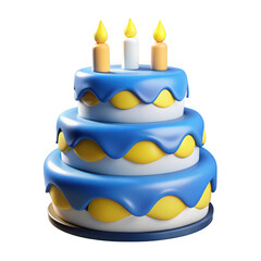 3d birthday cake with blue frosting and candles isolated on transparent background