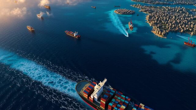 Aerial View of Cargo Ships in Busy Shipping Lane Near Coastal City with Vibrant Blue Waters Capturing Essence of Global Maritime Transport and Dynamic Movement in Bustling Harbor