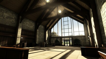Sunlit stone & wood interior, high-ceilinged lobby with large windows showcasing autumnal landscape