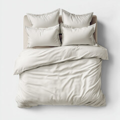 Blank full bedding set mockup. Top view to double bed covered with duvet cover, two pillowcases. Empty white bed linen template. Simple background