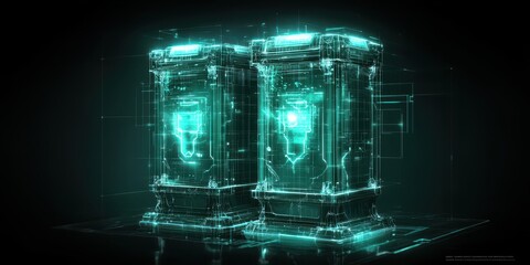 Engineer architect blueprints concept. Futuristic digital machines with glowing elements and intricate circuitry design.