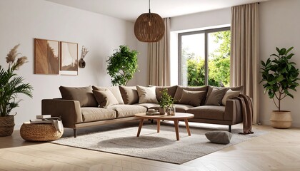 Cozy modern living room with natural tones