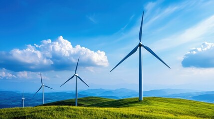 Wind turbines on rolling green hills under a blue sky