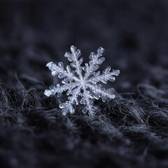 Single delicate snowflake resting on soft black wool surface showing intricate winter frost crystal pattern