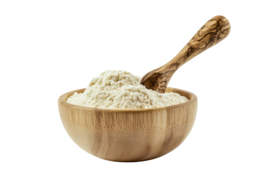 Flour in a Wooden Bowl with a Wooden Spoon Isolated on a Transparent Background