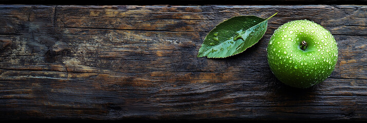Vibrant green apple with dew drops and a fresh leaf on rustic wooden surface in natural light