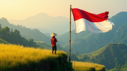 Indonesian flag and person in traditional hat overlooking scenic rice terraces
