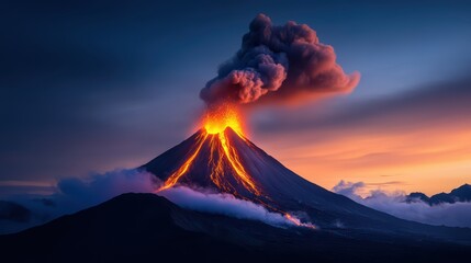 Erupting volcano at sunset with dramatic lava flow